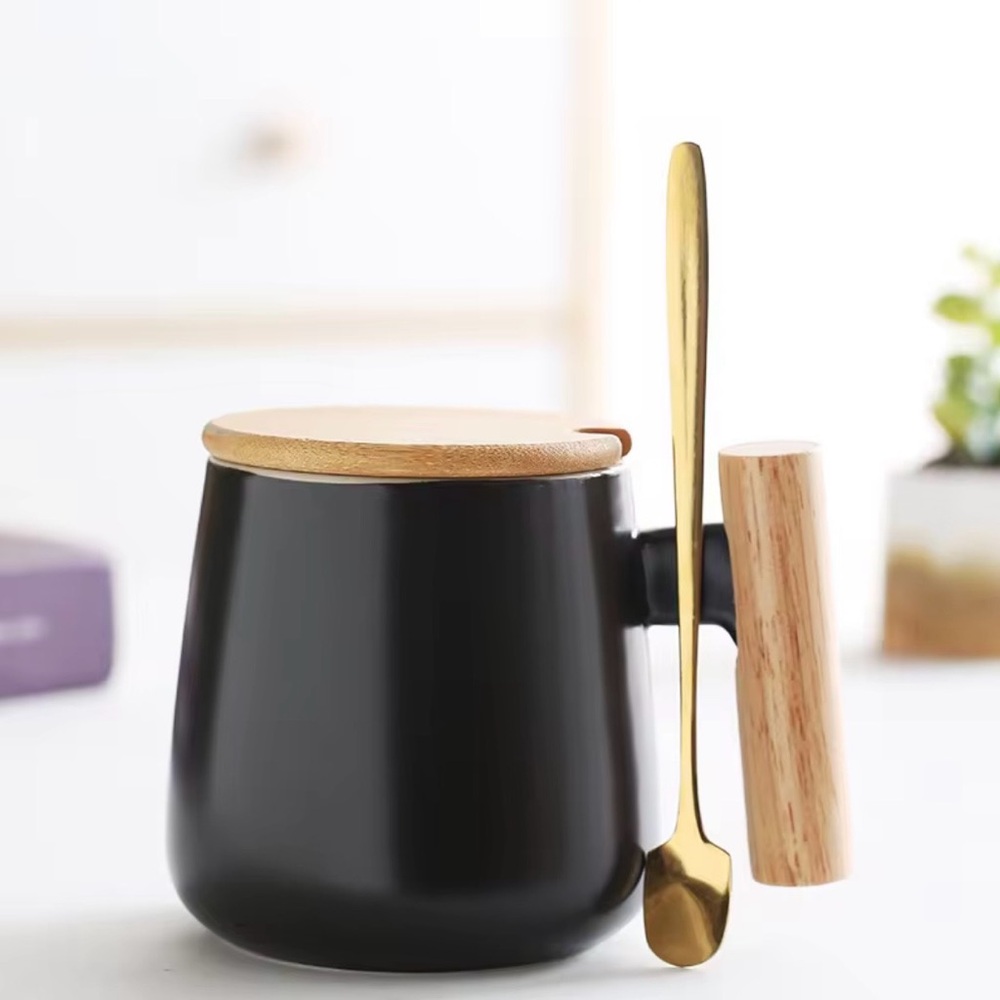 Black Ceramic Mug with Spoon and Wooden Lid